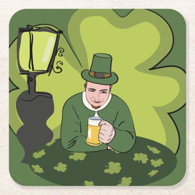 "LYCKLIG ST. PATRICK'S DAY’ LEPRECHAUN UNDERLÄGG PAPPER KVADRAT (Framsidan)