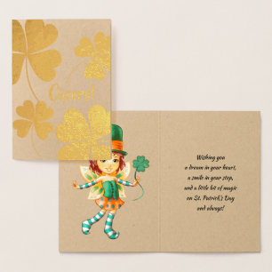 Lycklig St. Patrick's Day. Little Fairy Irish Girl Folierat Kort
