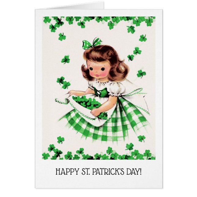 Lycklig St. Patrick's Day. Little Irish Girl Card Hälsningskort (Framsidan)