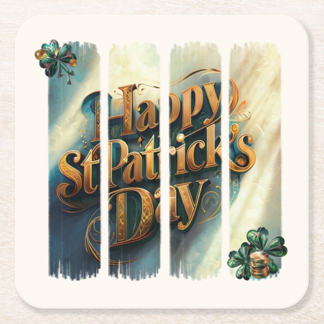 Lycklig St.Patrick's Day Lodrät Brushstroke Underlägg Papper Kvadrat (Framsidan)
