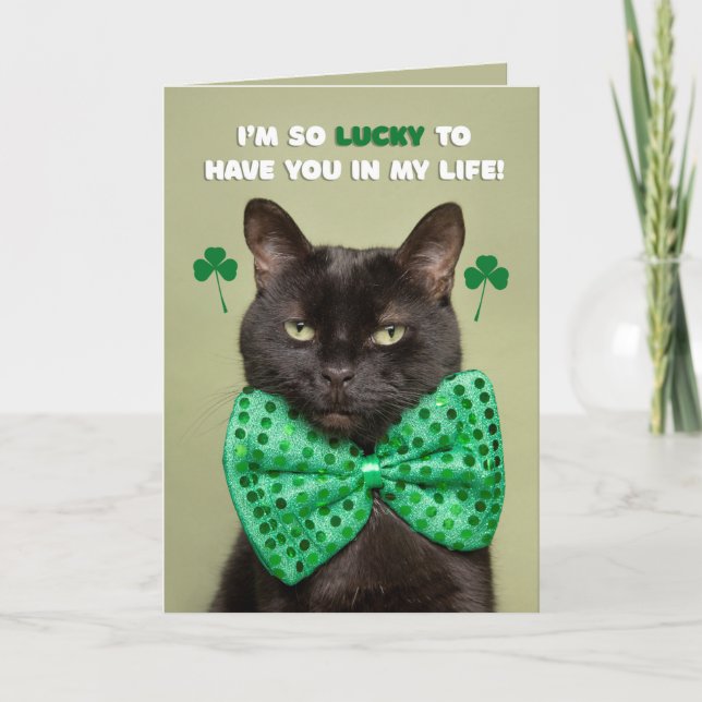 Lycklig St. Patrick's Day Lucky Black Cat Humor Helgkort (Framsida)