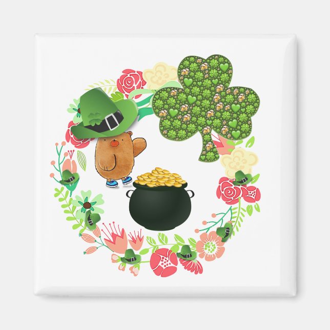 Lycklig St. Patrick's Day Magnets Nalle Blommigt Magnet (Framsidan)