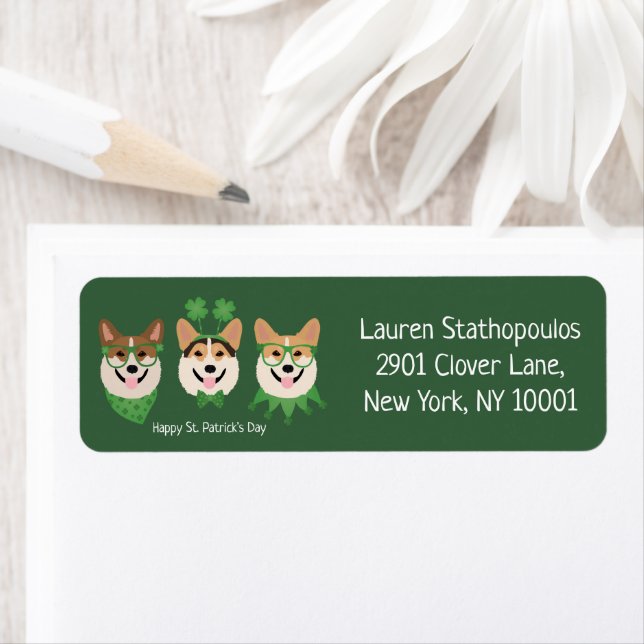 Lycklig St patricks day Pembroke Welsh Corgi Hunda Returadress Etikett (Insitu)