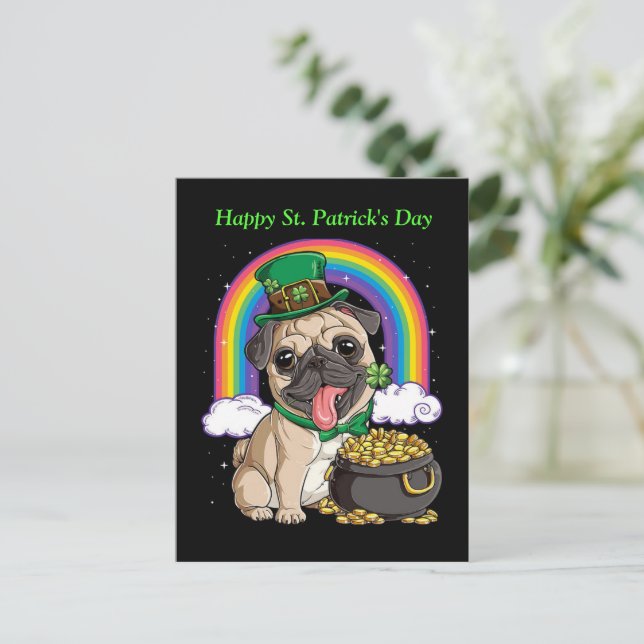 Lycklig St. Patrick's Day Pug hund vycard Vykort (Stående Fram)