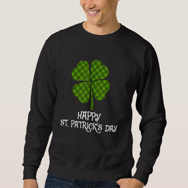 Lycklig St patricks day Shamrock Grönt Caro Buffal Lång Ärmad Tröja (Framsida)