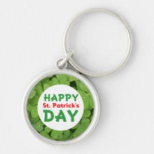 Lycklig St.Patrick's day shamrock keychain. Rund Silverfärgad Nyckelring