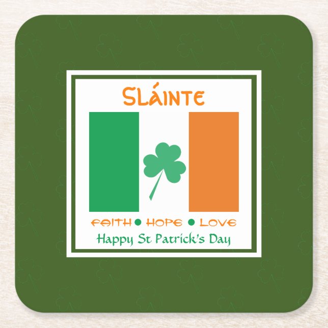 LYCKLIG ST PATRICK'S DAY Sláinte Shamrock Irish Underlägg Papper Kvadrat (Framsidan)