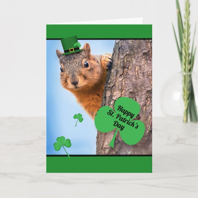 Lycklig St. Patrick's Day Squirrel i Hat Humor Helgkort (Framsida)