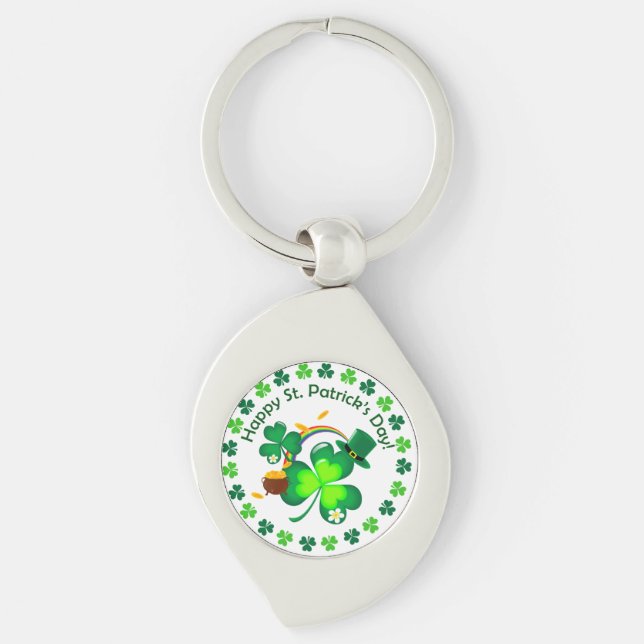 Lycklig St. Patrick's Day Swirl Silverfärgad Nyckelring (Framsidan)