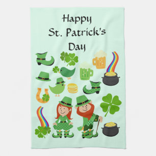 Lycklig St. Patrick's Day-symboler och tecken Kökshandduk