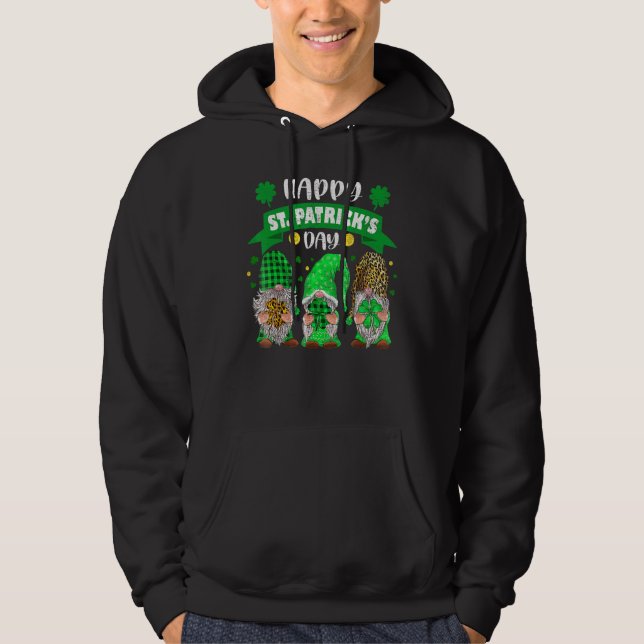Lycklig St patricks day Three Gnome Shamrock Leopa Hoodie (Framsida)