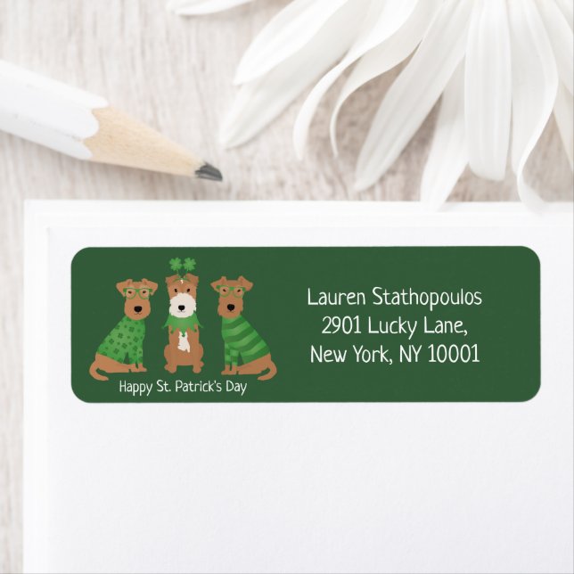Lycklig St patricks day Welsh Wire Fox Terrier Hun Returadress Etikett (Insitu)