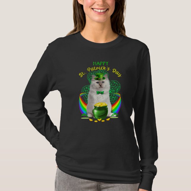 Lycklig St patricks day White Cat Leprechaun Hat S T Shirt (Framsida)