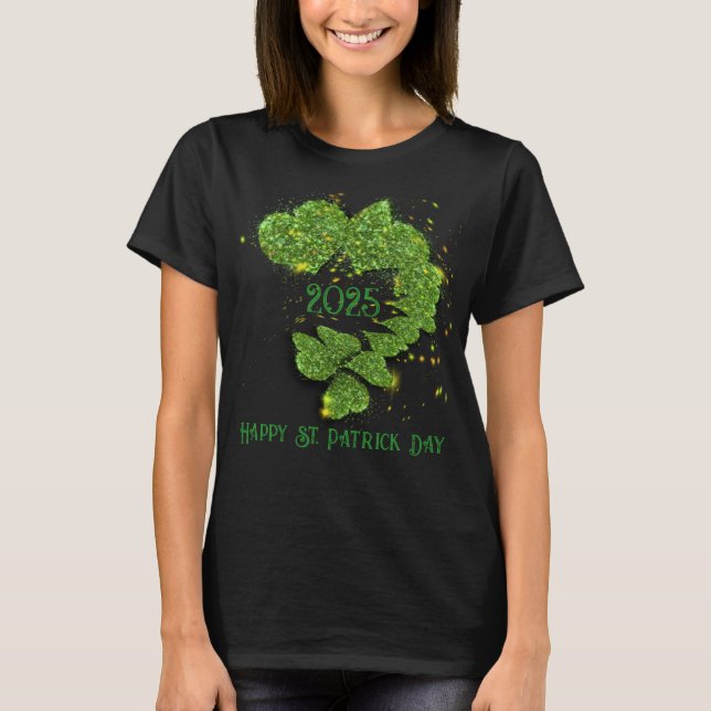 Lycklig St patty, Grönt Shamrocks | Pärlande hjärt T Shirt (Framsida)
