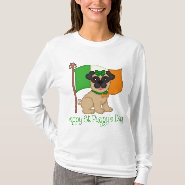 Lycklig St. Puggy's Day Pug och Irish Flagga (hona Tee Shirt (Framsida)