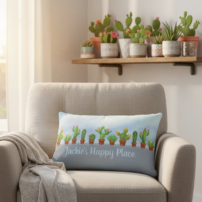 Lycklig Ställe Personlig Cactus Älskare Lumbarkudde (Cactus lover's happy place pillow with custom name!)