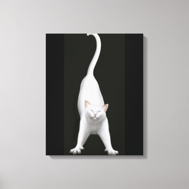 Lycklig Stretchering av vit katt, arbetsyta Canvastryck (Framsida)