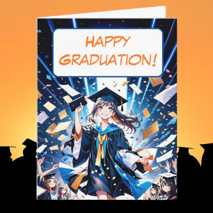 Lycklig Studenten Anime Girl in Cap and Gown Kort