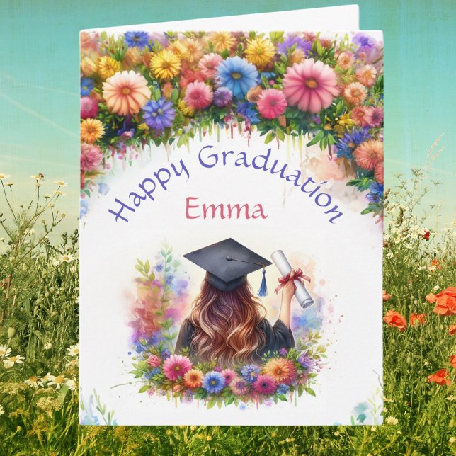 Lycklig Studenten Girl med jaktblommor Kort (Wildly blooming success: From cap to gown, a floral graduation tale!)
