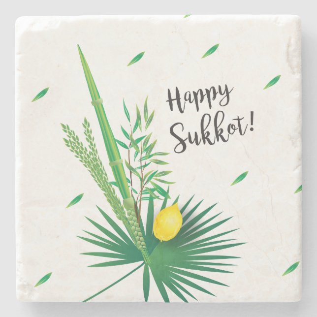 Lycklig Sukkot Lulav och Etrog Watercolor Mönster Stenunderlägg (Framsidan)