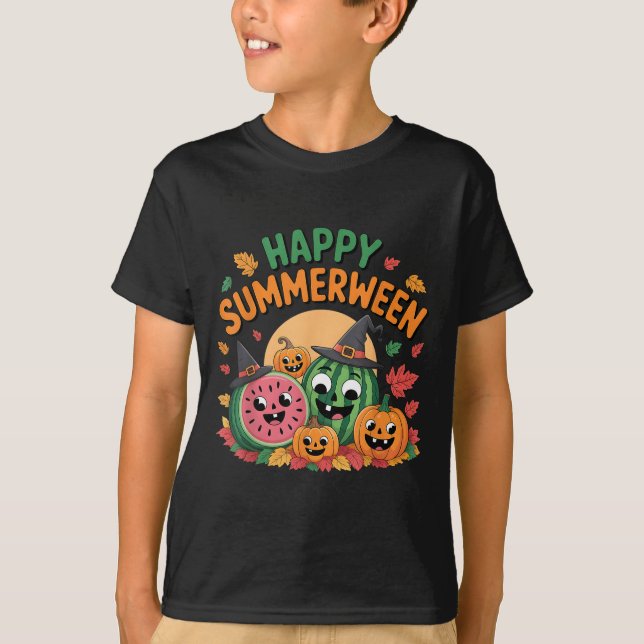 Lycklig Summerween Watermelon Jack-o-lantern Humor T Shirt (Framsida)
