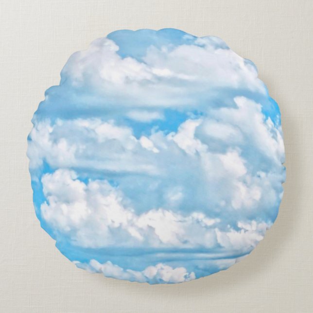 Lycklig Sunny Clouds Blue Background Rund Kudde (Framsidan)