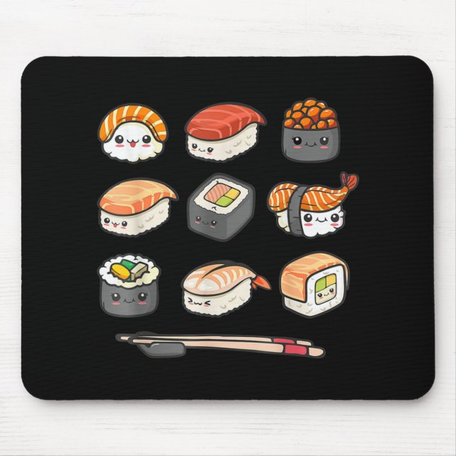 Lycklig Sushi Anime Kawaii Set Japanska Food Älska Musmatta (Framsidan)