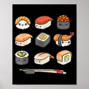 Lycklig Sushi Anime Kawaii Set Japanska Food Älska Poster