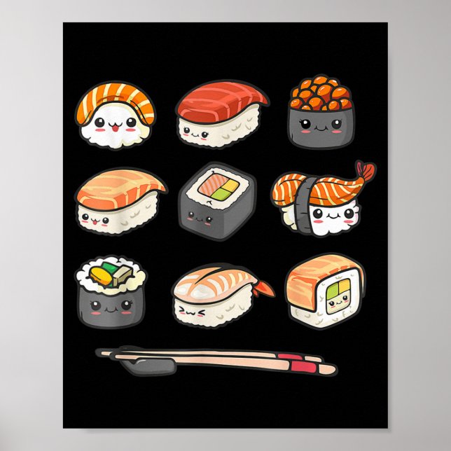 Lycklig Sushi Anime Kawaii Set Japanska Food Älska Poster (Framsidan)