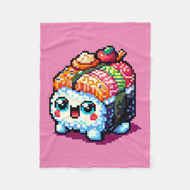 Lycklig Sushi Roll - Cute Pixel Art Japansk mat Fleecefilt (Framsidan)