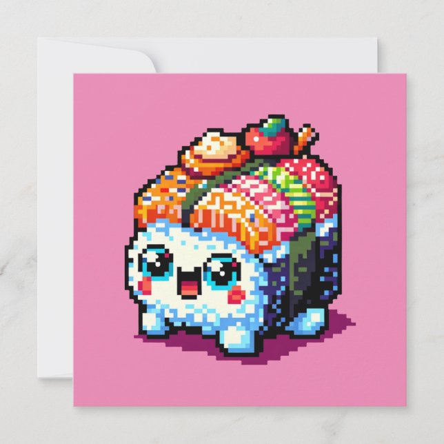 Lycklig Sushi Roll - Cute Pixel Art Japansk mat Inbjudningar (Framsida)