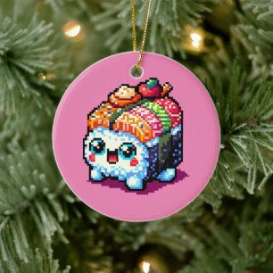 Lycklig Sushi Roll - Cute Pixel Art Japansk mat Julgransprydnad Keramik
