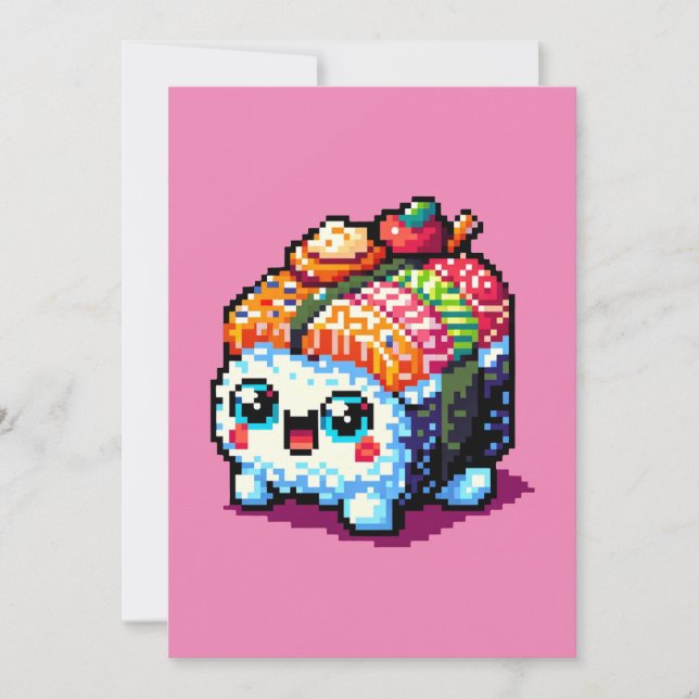 Lycklig Sushi Roll - Cute Pixel Art Japansk mat Julkort (Framsida)