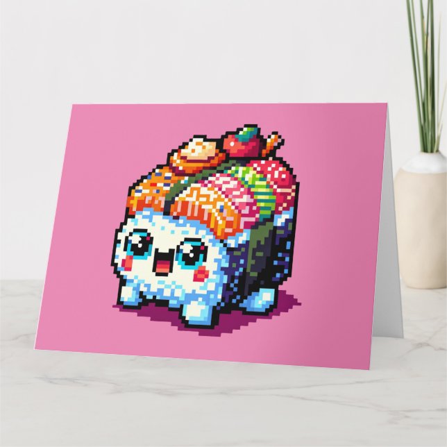 Lycklig Sushi Roll - Cute Pixel Art Japansk mat Kort (Framsida)