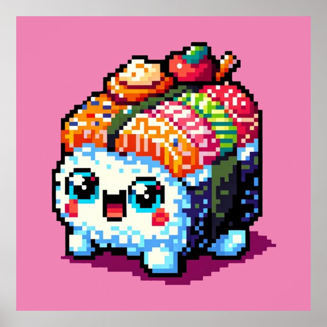 Lycklig Sushi Roll - Cute Pixel Art Japansk mat Poster (Framsidan)