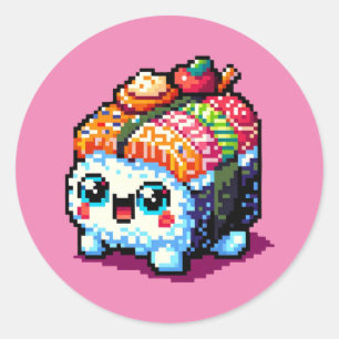 Lycklig Sushi Roll - Cute Pixel Art Japansk mat Runt Klistermärke