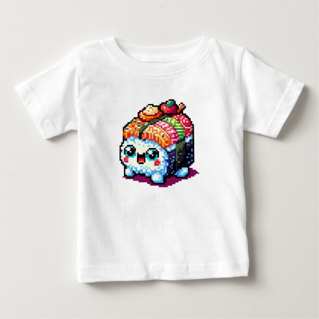 Lycklig Sushi Roll - Cute Pixel Art Japansk mat T Shirt (Framsida)