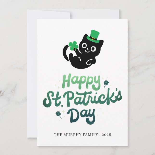 Lycklig svart katt Shamrock Foto St. Patrick's Day Julkort (Framsida)