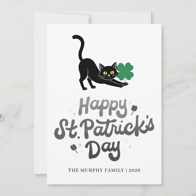Lycklig svart katt Shamrock Foto St. Patrick's Day Julkort (Framsida)