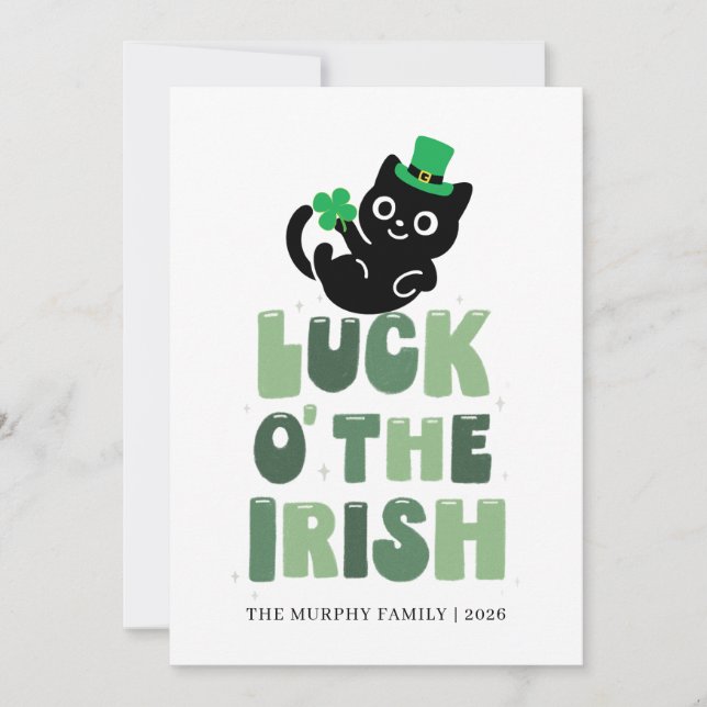 Lycklig svart katt Shamrock Foto St. Patrick's Day Julkort (Framsida)