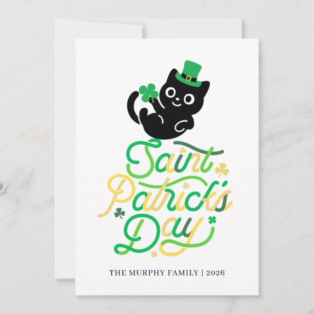 Lycklig svart katt Shamrock Foto St. Patrick's Day Julkort (Framsida)