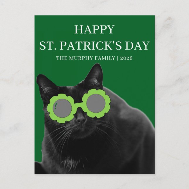 Lycklig svart katt Shamrock St. Patrick's Day Helg Vykort (Framsida)