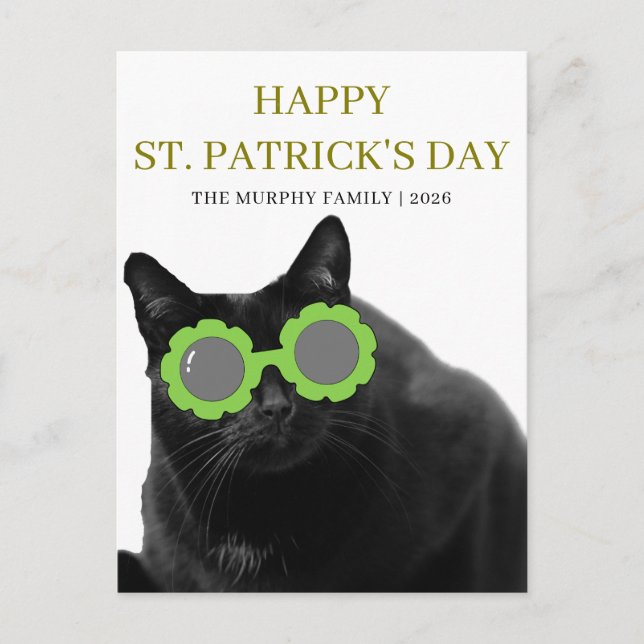 Lycklig svart katt Shamrock St. Patrick's Day Helg Vykort (Framsida)