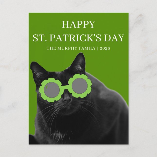 Lycklig svart katt Shamrock St. Patrick's Day Helg Vykort (Framsida)
