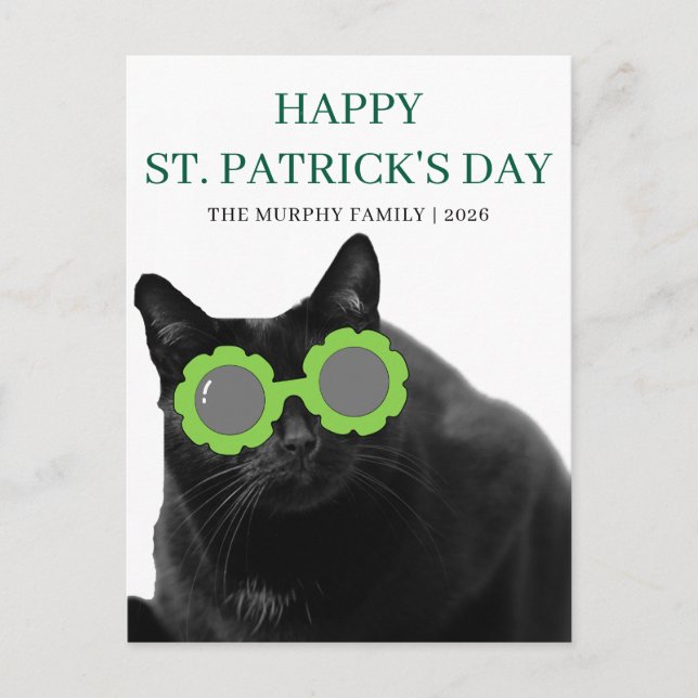Lycklig svart katt Shamrock St. Patrick's Day Helg Vykort (Framsida)