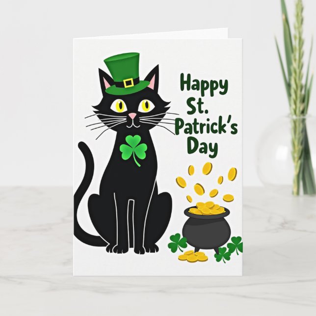 Lycklig svart katt St Patricks-kort Kort (Framsida)