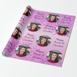 Lycklig Sweet 16 Falling Rosa Glitter & Photo Presentpapper