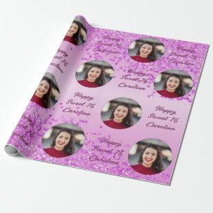 Lycklig Sweet 16 Falling Rosa Glitter & Photo Presentpapper