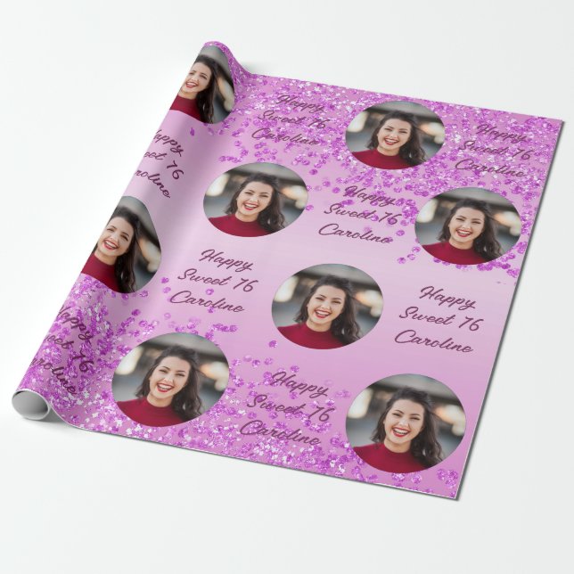 Lycklig Sweet 16 Falling Rosa Glitter & Photo Presentpapper (Utrullad)