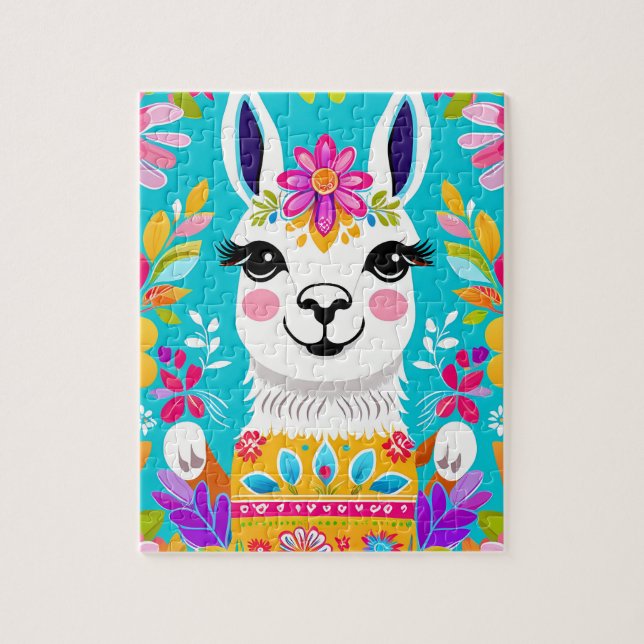 Lycklig Sweet Blommigt Llama Jigszle Puzzle Pussel (Vertikal)